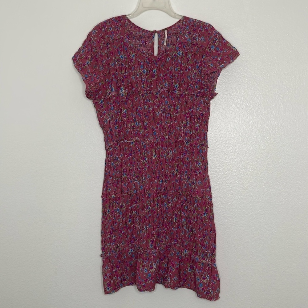 Free People Pink Floral Short Sleeve Smocked Stretch Scoop Neck Mini Dress Large